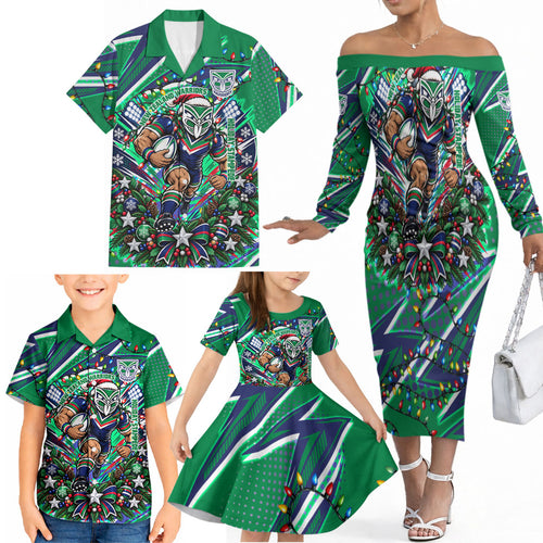 Personalized New Zealand Warriors Rugby Christmas Family Matching Off The Shoulder Long Sleeve Dress and Hawaiian Shirt Holiday Mascot Graphic Art Festive Lights Bow