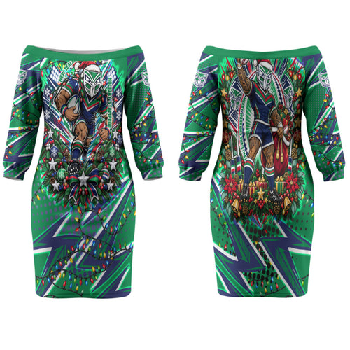 Personalized New Zealand Warriors Rugby Christmas Family Matching Off The Shoulder Long Sleeve Dress and Hawaiian Shirt Holiday Mascot Graphic Art Festive Lights Bow