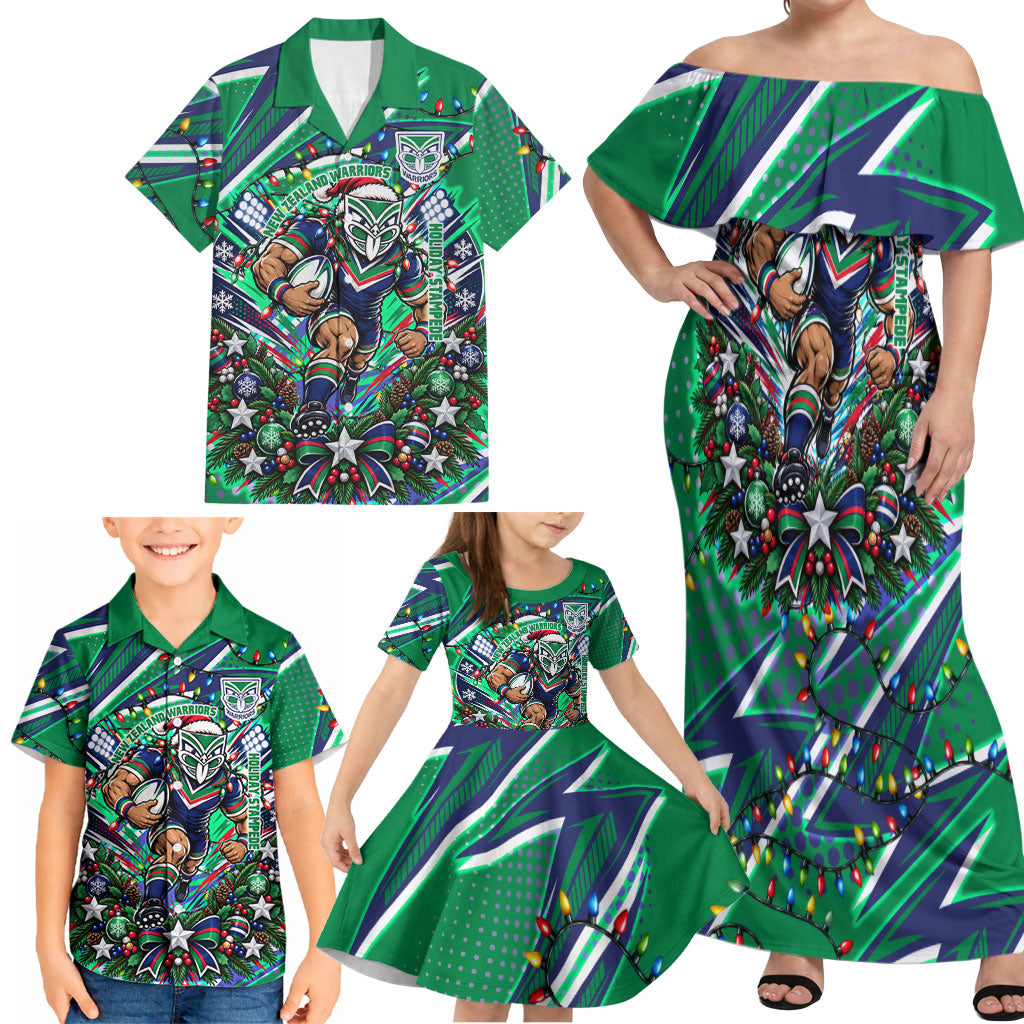Personalized New Zealand Warriors Rugby Christmas Family Matching Off Shoulder Maxi Dress and Hawaiian Shirt Holiday Mascot Graphic Art Festive Lights Bow