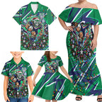Personalized New Zealand Warriors Rugby Christmas Family Matching Off Shoulder Maxi Dress and Hawaiian Shirt Holiday Mascot Graphic Art Festive Lights Bow