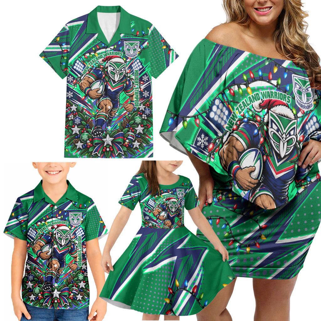 Personalized New Zealand Warriors Rugby Christmas Family Matching Off Shoulder Short Dress and Hawaiian Shirt Holiday Mascot Graphic Art Festive Lights Bow