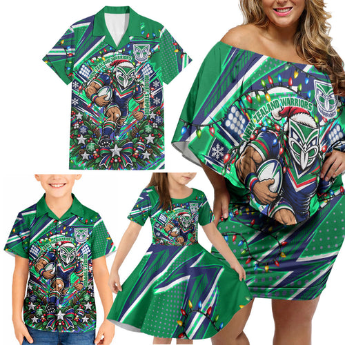 Personalized New Zealand Warriors Rugby Christmas Family Matching Off Shoulder Short Dress and Hawaiian Shirt Holiday Mascot Graphic Art Festive Lights Bow
