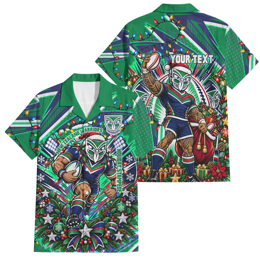 Personalized New Zealand Warriors Rugby Christmas Family Matching Off Shoulder Short Dress and Hawaiian Shirt Holiday Mascot Graphic Art Festive Lights Bow