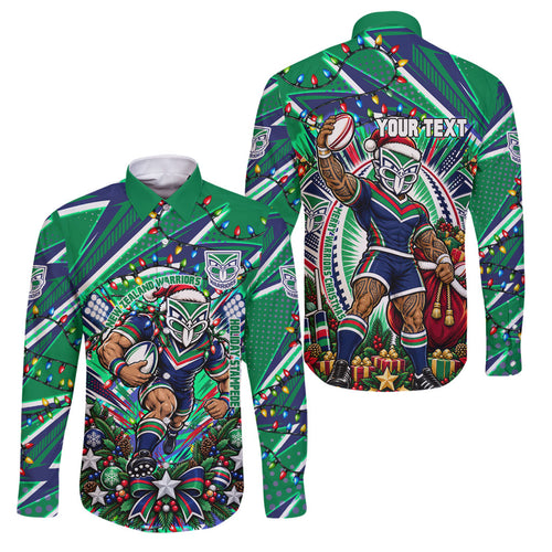 Personalized New Zealand Warriors Rugby Christmas Family Matching Off Shoulder Short Dress and Hawaiian Shirt Holiday Mascot Graphic Art Festive Lights Bow
