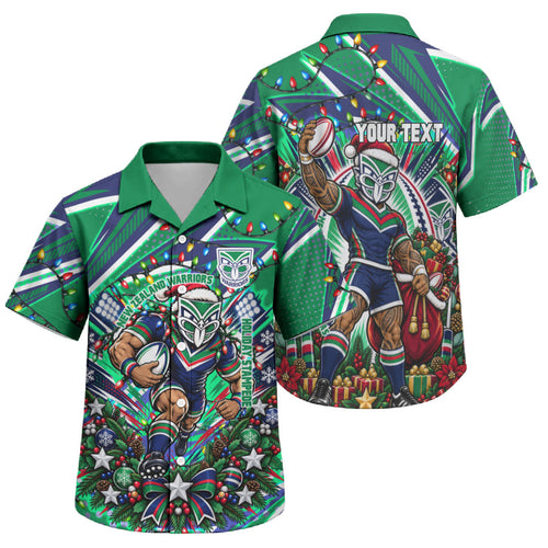 Personalized New Zealand Warriors Rugby Christmas Family Matching Off Shoulder Short Dress and Hawaiian Shirt Holiday Mascot Graphic Art Festive Lights Bow
