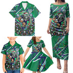 Personalized New Zealand Warriors Rugby Christmas Family Matching Puletasi and Hawaiian Shirt Holiday Mascot Graphic Art Festive Lights Bow