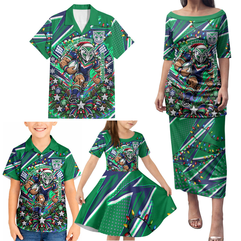 Personalized New Zealand Warriors Rugby Christmas Family Matching Puletasi and Hawaiian Shirt Holiday Mascot Graphic Art Festive Lights Bow