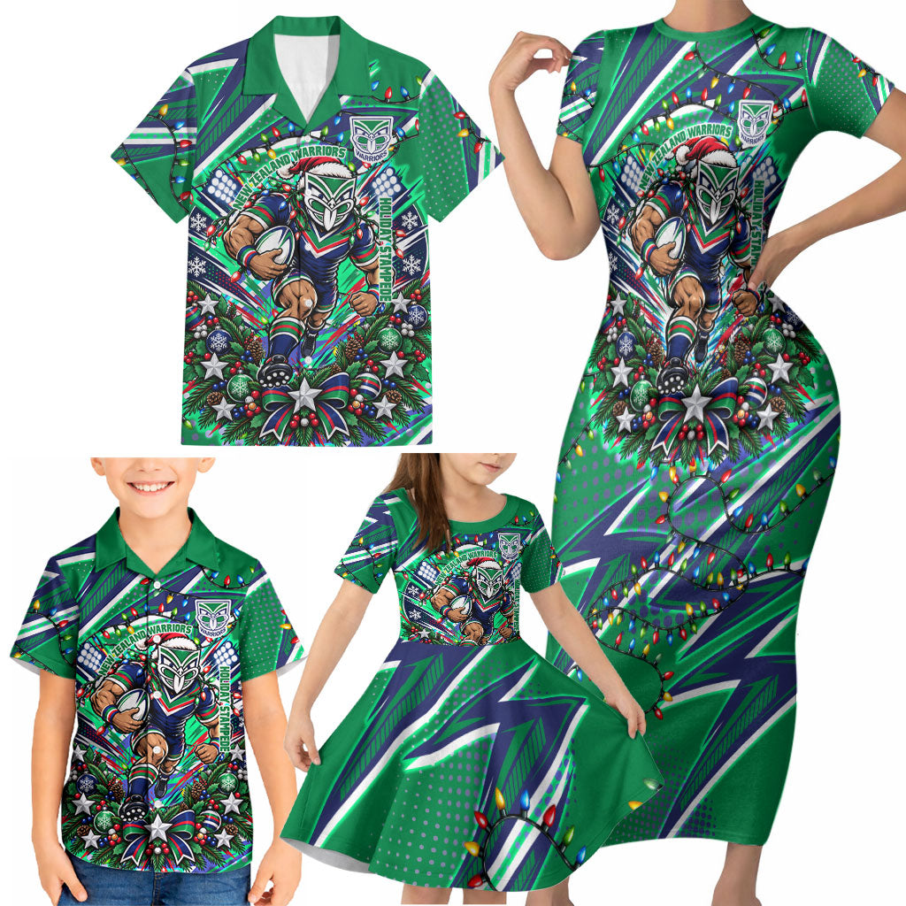Personalized New Zealand Warriors Rugby Christmas Family Matching Short Sleeve Bodycon Dress and Hawaiian Shirt Holiday Mascot Graphic Art Festive Lights Bow