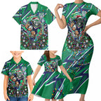 Personalized New Zealand Warriors Rugby Christmas Family Matching Short Sleeve Bodycon Dress and Hawaiian Shirt Holiday Mascot Graphic Art Festive Lights Bow
