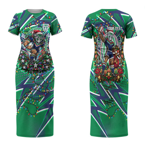 Personalized New Zealand Warriors Rugby Christmas Family Matching Short Sleeve Bodycon Dress and Hawaiian Shirt Holiday Mascot Graphic Art Festive Lights Bow