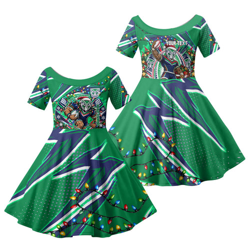 Personalized New Zealand Warriors Rugby Christmas Family Matching Short Sleeve Bodycon Dress and Hawaiian Shirt Holiday Mascot Graphic Art Festive Lights Bow