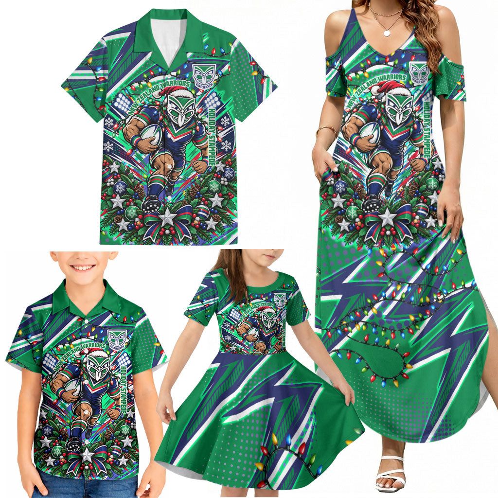Personalized New Zealand Warriors Rugby Christmas Family Matching Summer Maxi Dress and Hawaiian Shirt Holiday Mascot Graphic Art Festive Lights Bow