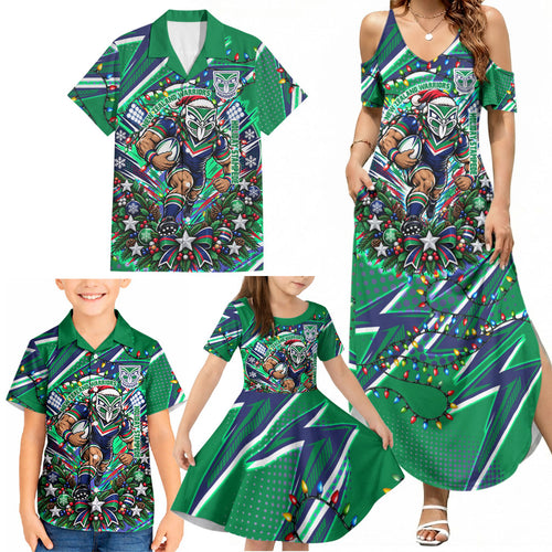 Personalized New Zealand Warriors Rugby Christmas Family Matching Summer Maxi Dress and Hawaiian Shirt Holiday Mascot Graphic Art Festive Lights Bow