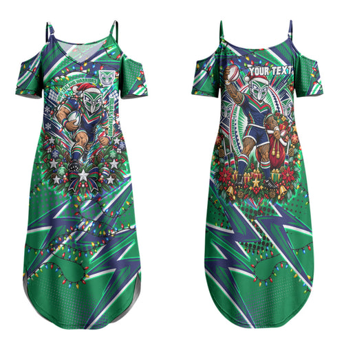 Personalized New Zealand Warriors Rugby Christmas Family Matching Summer Maxi Dress and Hawaiian Shirt Holiday Mascot Graphic Art Festive Lights Bow
