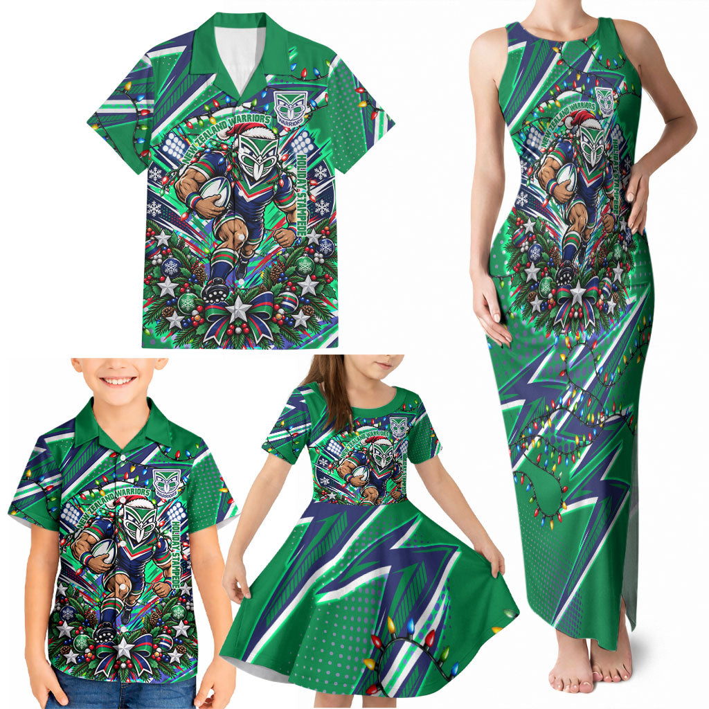 Personalized New Zealand Warriors Rugby Christmas Family Matching Tank Maxi Dress and Hawaiian Shirt Holiday Mascot Graphic Art Festive Lights Bow