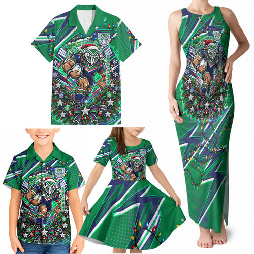 Personalized New Zealand Warriors Rugby Christmas Family Matching Tank Maxi Dress and Hawaiian Shirt Holiday Mascot Graphic Art Festive Lights Bow