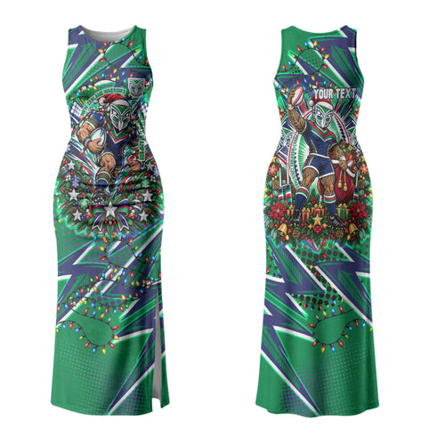Personalized New Zealand Warriors Rugby Christmas Family Matching Tank Maxi Dress and Hawaiian Shirt Holiday Mascot Graphic Art Festive Lights Bow