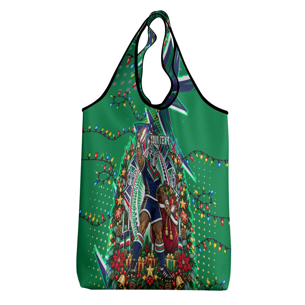 Personalized New Zealand Warriors Rugby Christmas Grocery Bag Holiday Mascot Graphic Art Festive Lights Bow