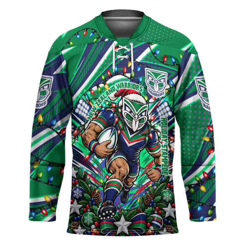Personalized New Zealand Warriors Rugby Christmas Hockey Jersey Holiday Mascot Graphic Art Festive Lights Bow