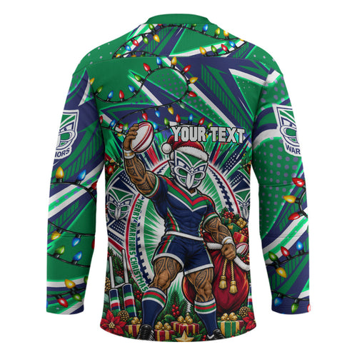 Personalized New Zealand Warriors Rugby Christmas Hockey Jersey Holiday Mascot Graphic Art Festive Lights Bow