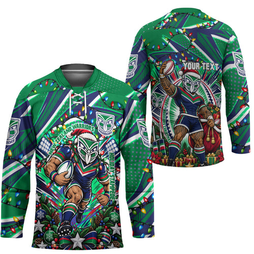 Personalized New Zealand Warriors Rugby Christmas Hockey Jersey Holiday Mascot Graphic Art Festive Lights Bow
