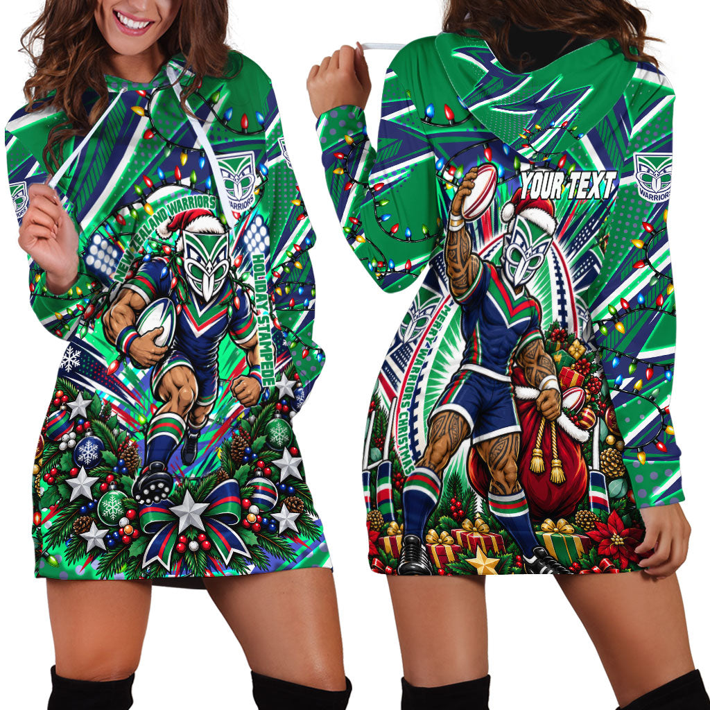 Personalized New Zealand Warriors Rugby Christmas Hoodie Dress Holiday Mascot Graphic Art Festive Lights Bow