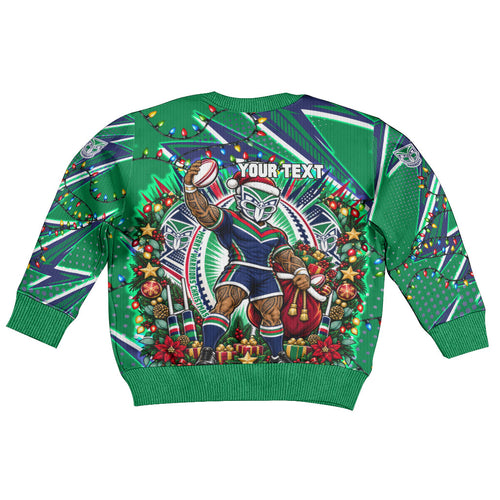 Personalized New Zealand Warriors Rugby Christmas Kid Ugly Christmas Sweater Holiday Mascot Graphic Art Festive Lights Bow