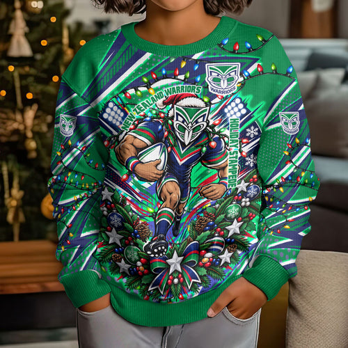 Personalized New Zealand Warriors Rugby Christmas Kid Ugly Christmas Sweater Holiday Mascot Graphic Art Festive Lights Bow