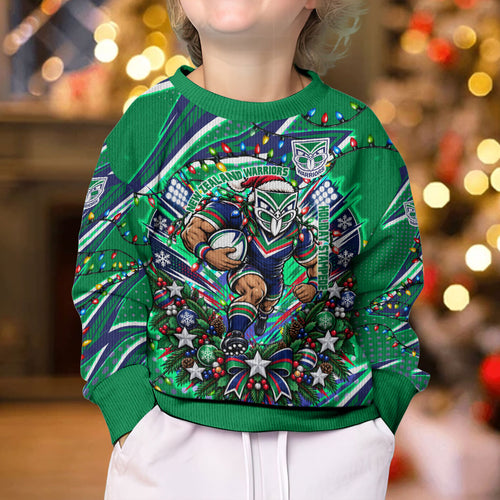 Personalized New Zealand Warriors Rugby Christmas Kid Ugly Christmas Sweater Holiday Mascot Graphic Art Festive Lights Bow