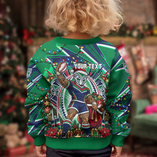 Personalized New Zealand Warriors Rugby Christmas Kid Ugly Christmas Sweater Holiday Mascot Graphic Art Festive Lights Bow