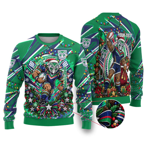 Personalized New Zealand Warriors Rugby Christmas Ugly Christmas Sweater Holiday Mascot Graphic Art Festive Lights Bow