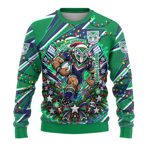 Personalized New Zealand Warriors Rugby Christmas Ugly Christmas Sweater Holiday Mascot Graphic Art Festive Lights Bow