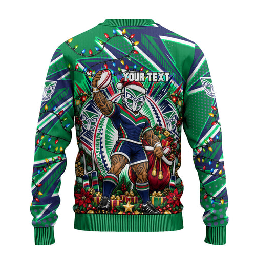 Personalized New Zealand Warriors Rugby Christmas Ugly Christmas Sweater Holiday Mascot Graphic Art Festive Lights Bow