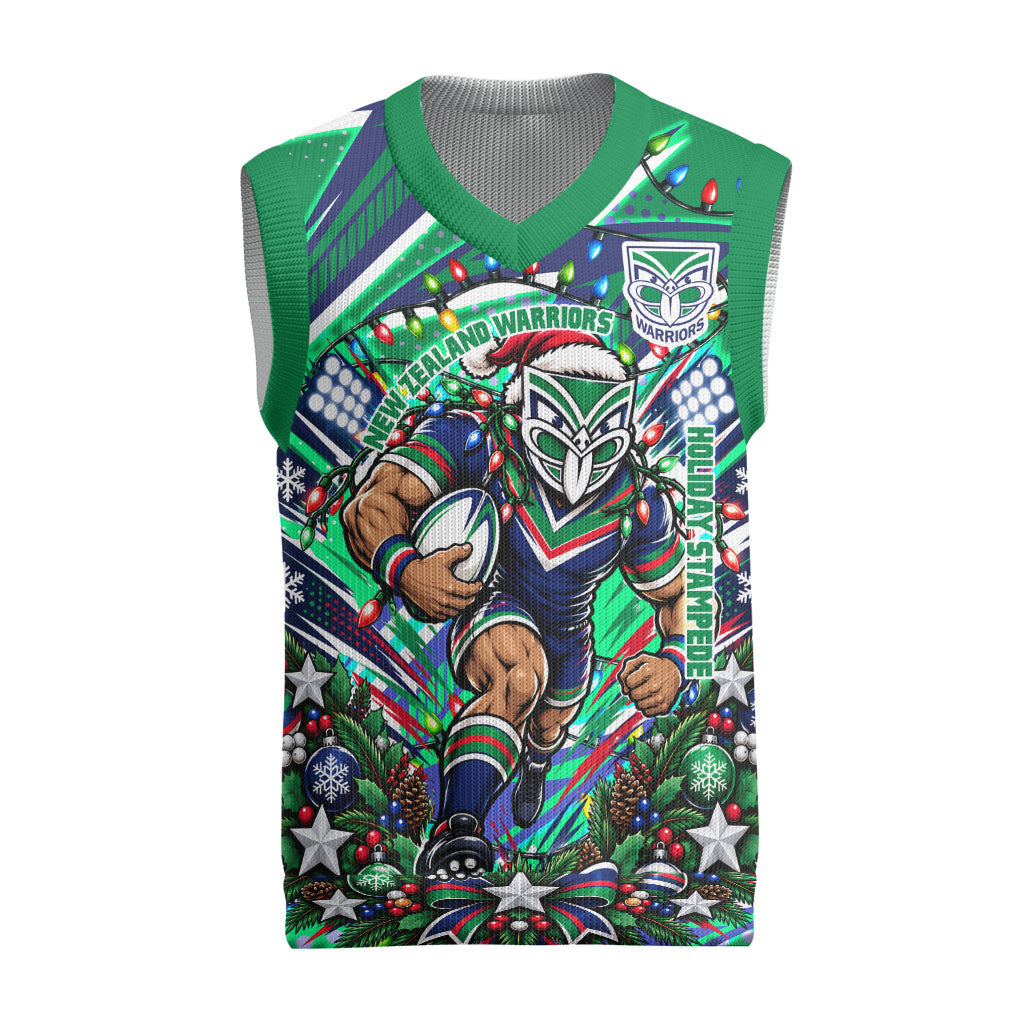 Personalized New Zealand Warriors Rugby Christmas Knitted V-Neck Vest Holiday Mascot Graphic Art Festive Lights Bow