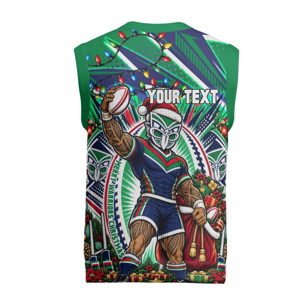 Personalized New Zealand Warriors Rugby Christmas Knitted V-Neck Vest Holiday Mascot Graphic Art Festive Lights Bow