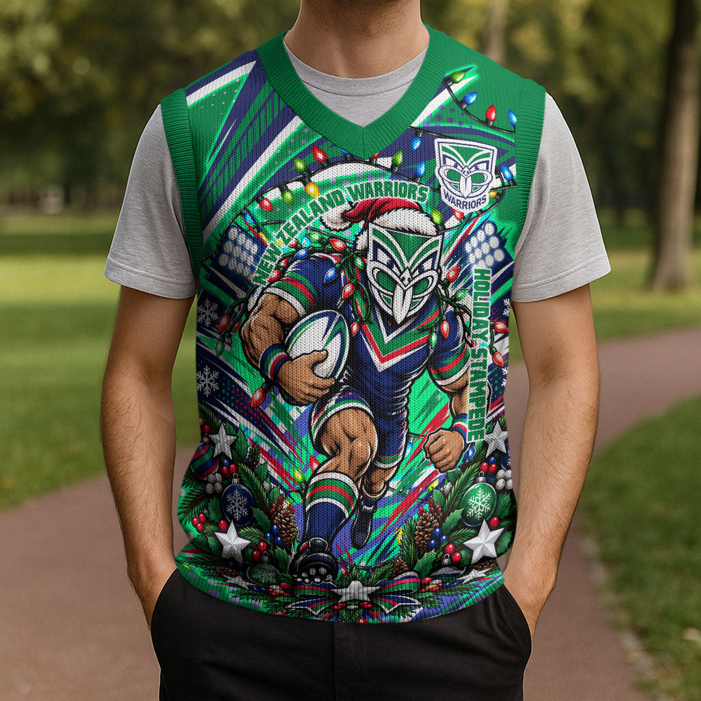 Personalized New Zealand Warriors Rugby Christmas Knitted V-Neck Vest Holiday Mascot Graphic Art Festive Lights Bow