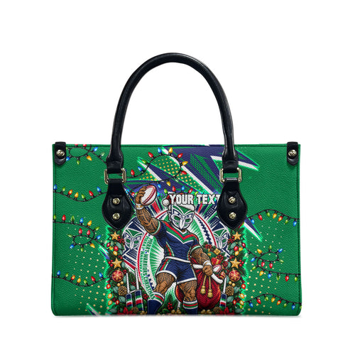 Personalized New Zealand Warriors Rugby Christmas Leather Bag Holiday Mascot Graphic Art Festive Lights Bow