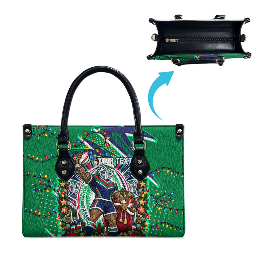 Personalized New Zealand Warriors Rugby Christmas Leather Bag Holiday Mascot Graphic Art Festive Lights Bow