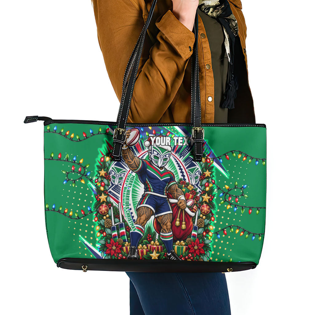 Personalized New Zealand Warriors Rugby Christmas Leather Tote Bag Holiday Mascot Graphic Art Festive Lights Bow