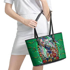 Personalized New Zealand Warriors Rugby Christmas Leather Tote Bag Holiday Mascot Graphic Art Festive Lights Bow