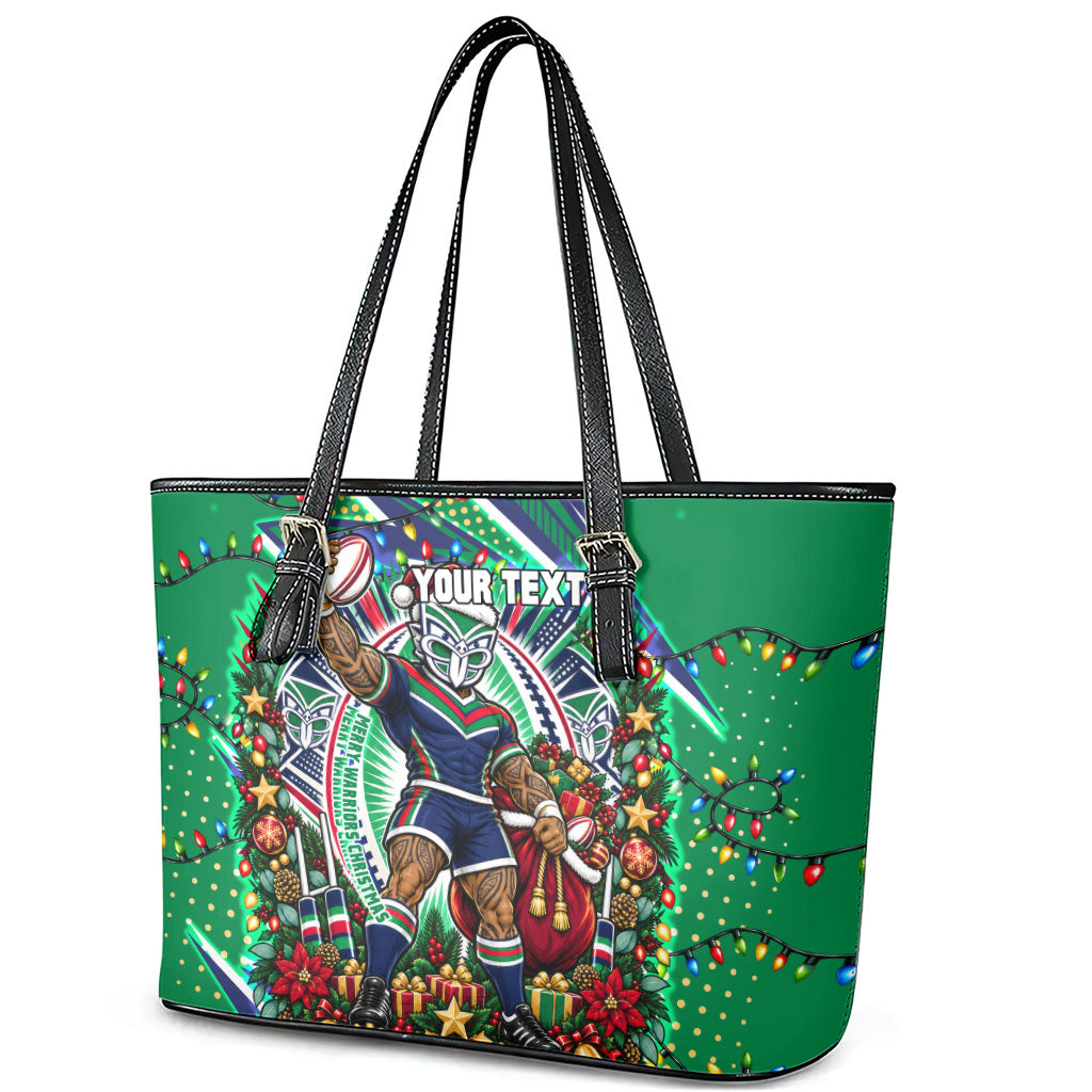Personalized New Zealand Warriors Rugby Christmas Leather Tote Bag Holiday Mascot Graphic Art Festive Lights Bow
