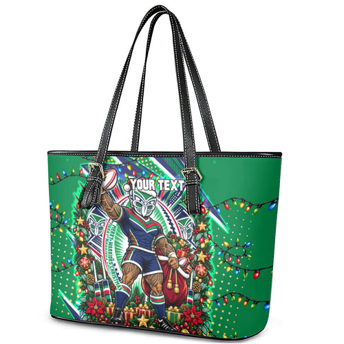 Personalized New Zealand Warriors Rugby Christmas Leather Tote Bag Holiday Mascot Graphic Art Festive Lights Bow