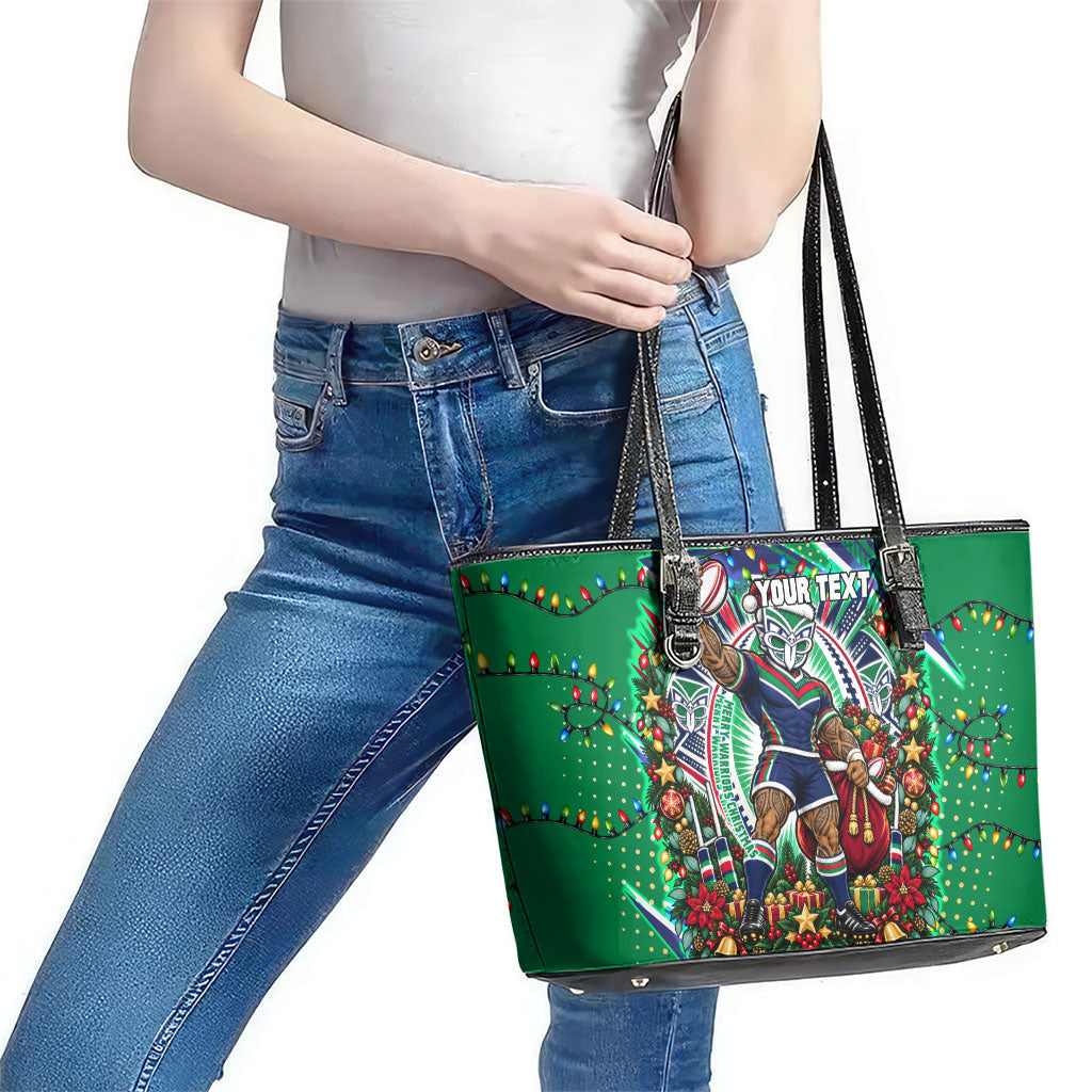 Personalized New Zealand Warriors Rugby Christmas Leather Tote Bag Holiday Mascot Graphic Art Festive Lights Bow