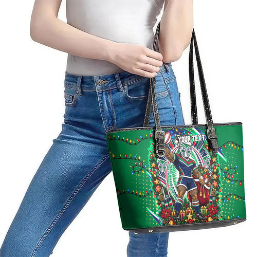 Personalized New Zealand Warriors Rugby Christmas Leather Tote Bag Holiday Mascot Graphic Art Festive Lights Bow
