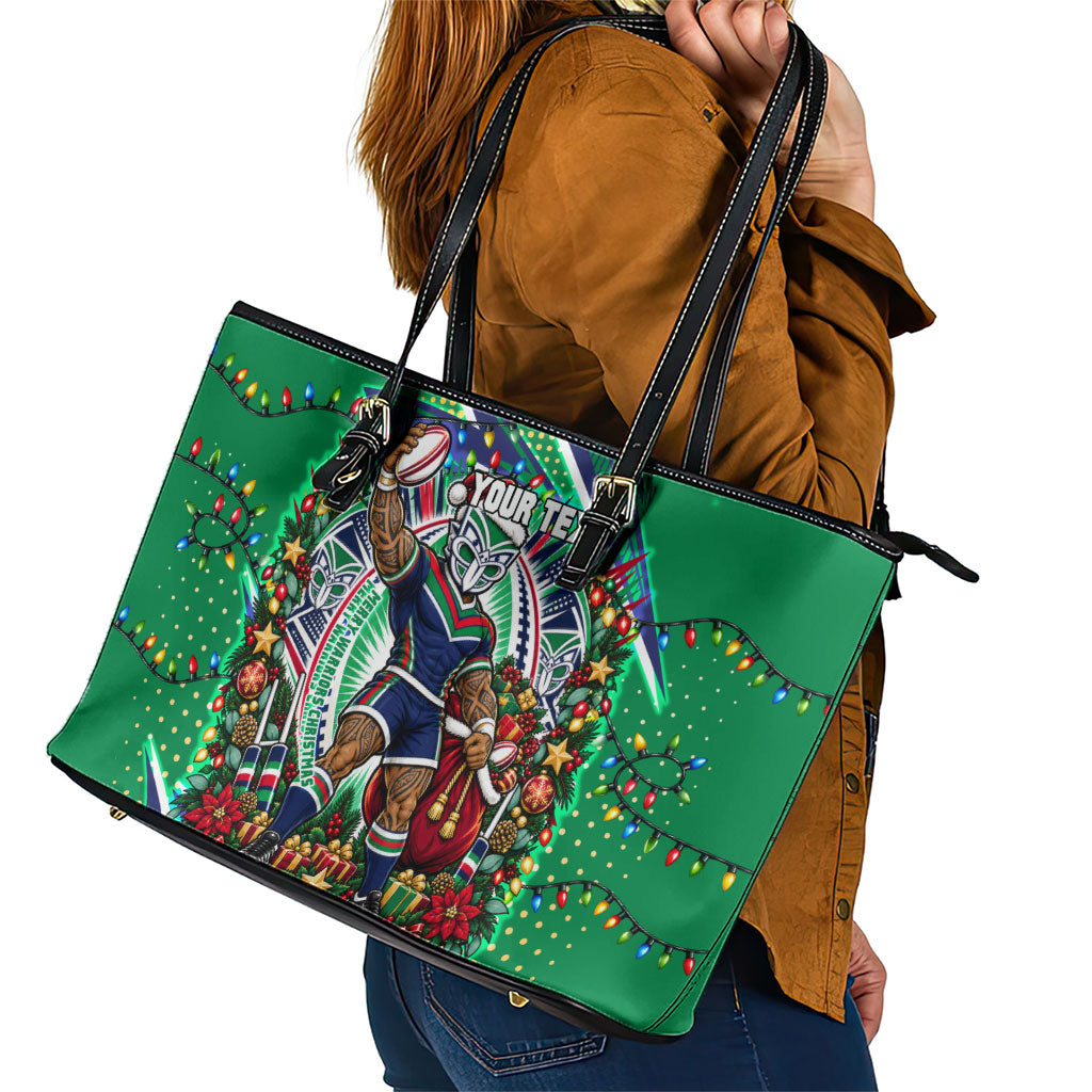 Personalized New Zealand Warriors Rugby Christmas Leather Tote Bag Holiday Mascot Graphic Art Festive Lights Bow