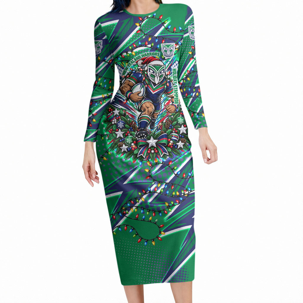 Personalized New Zealand Warriors Rugby Christmas Long Sleeve Bodycon Dress Holiday Mascot Graphic Art Festive Lights Bow