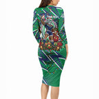 Personalized New Zealand Warriors Rugby Christmas Long Sleeve Bodycon Dress Holiday Mascot Graphic Art Festive Lights Bow