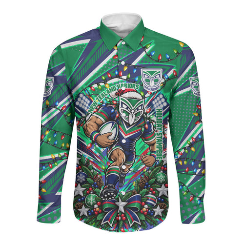 Personalized New Zealand Warriors Rugby Christmas Long Sleeve Button Shirt Holiday Mascot Graphic Art Festive Lights Bow