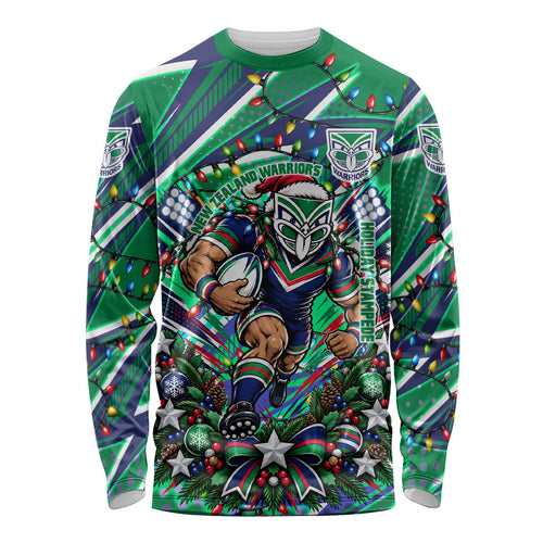 Personalized New Zealand Warriors Rugby Christmas Long Sleeve Shirt Holiday Mascot Graphic Art Festive Lights Bow