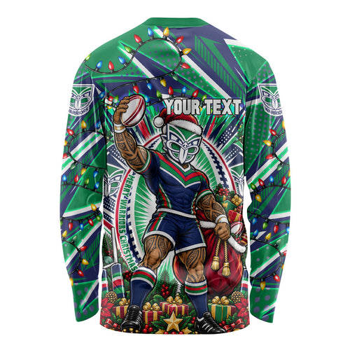 Personalized New Zealand Warriors Rugby Christmas Long Sleeve Shirt Holiday Mascot Graphic Art Festive Lights Bow